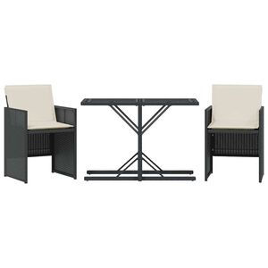 vidaXL Set da Bistr&ograve; 3 pz con Cuscini Nero in Polyrattan