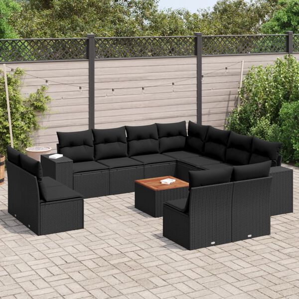 vidaXL Set Divani da Giardino 12 pz con Cuscini Nero in Polyrattan