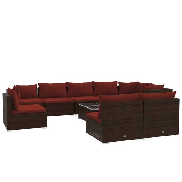 vidaXL Set Divani da Giardino 10 pz con Cuscini in Polyrattan Marrone