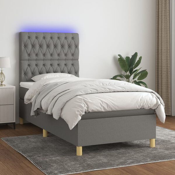 vidaXL Letto a Molle Materasso e LED Grigio Scuro 90x200 cm in Tessuto