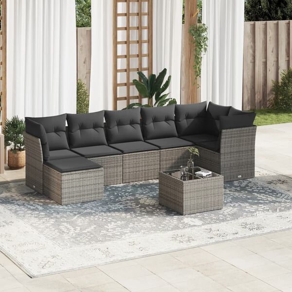 vidaXL Set Divano da Giardino 8 pz con Cuscini Grigio in Polyrattan