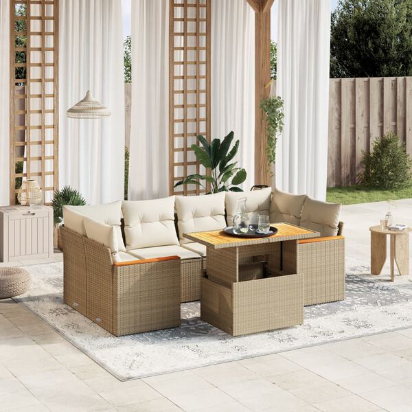 vidaXL Set Divani da Giardino 7 pz con Cuscini Beige in Polyrattan