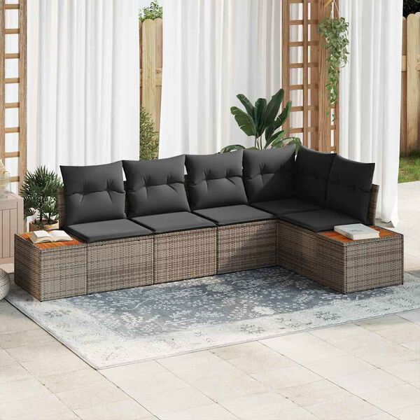 vidaXL Set Divano da Giardino con cuscino 5 pcs Grigio Poly Rattan