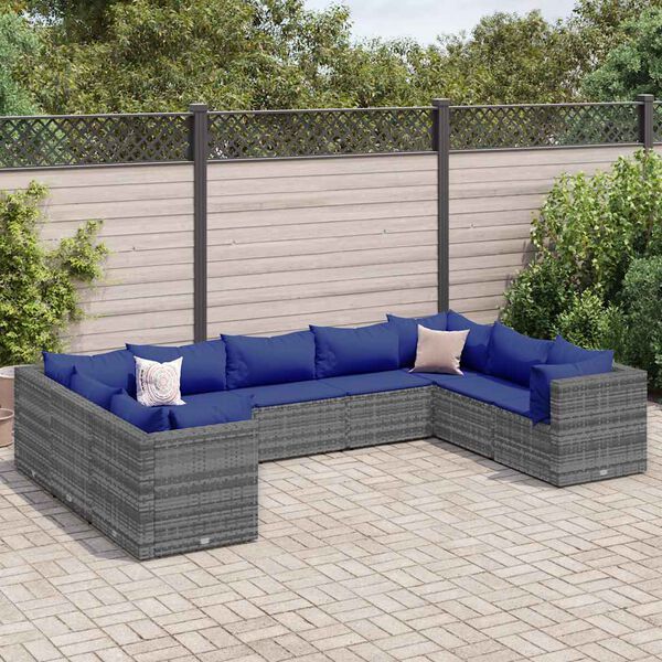 vidaXL Set Divani da Giardino 9 pz con Cuscini in Polyrattan Grigio