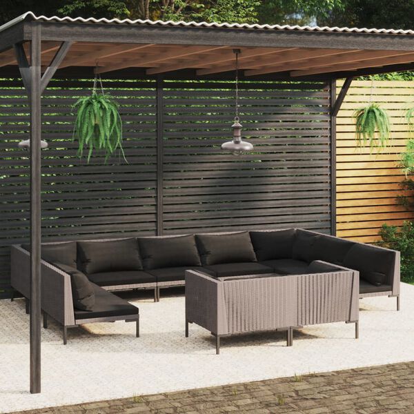 vidaXL Divani da Giardino 11 pz con Cuscini in Polyrattan Grigio Scuro