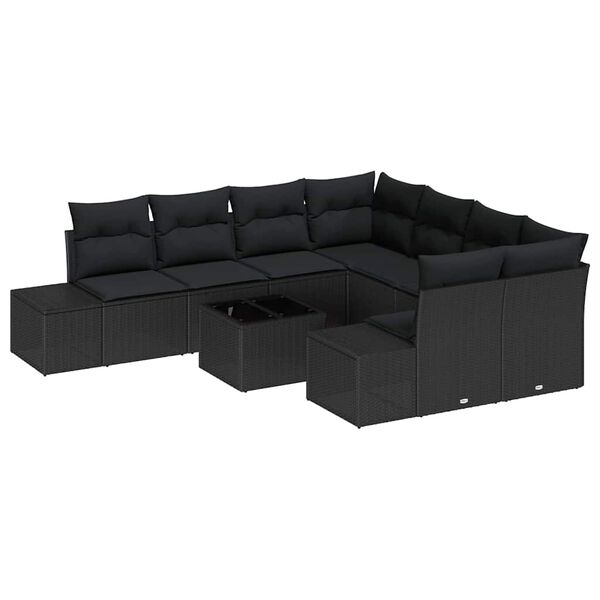 vidaXL Set Divano da Giardino con cuscino 9 pcs Nero polyrattan