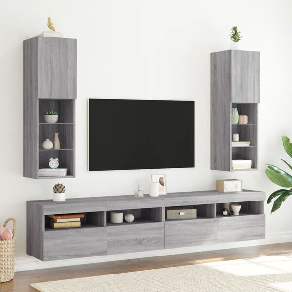 vidaXL Mobili TV con Luci LED 2pz Grigio Sonoma 30,5x30x102 cm
