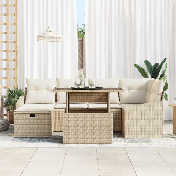 vidaXL Set Divano da Giardino con cuscino 7 pcs Beige polyrattan