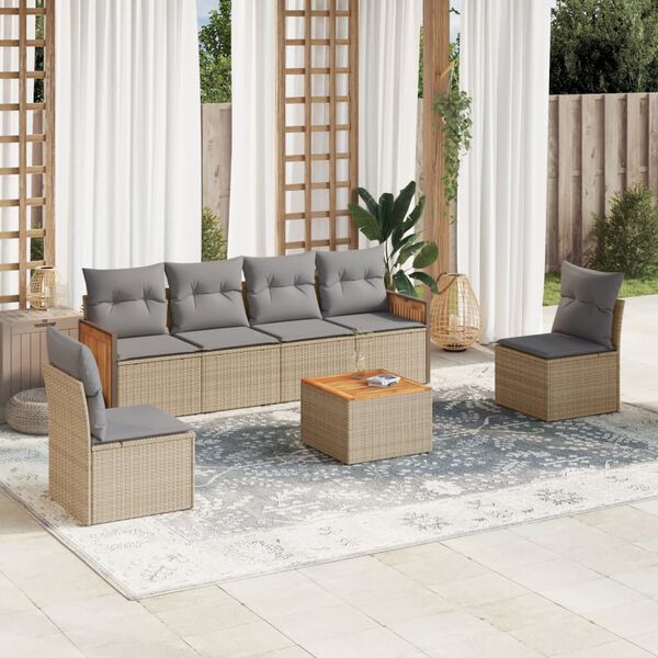 vidaXL Set Divani da Giardino 7 pz con Cuscini Beige in Polyrattan