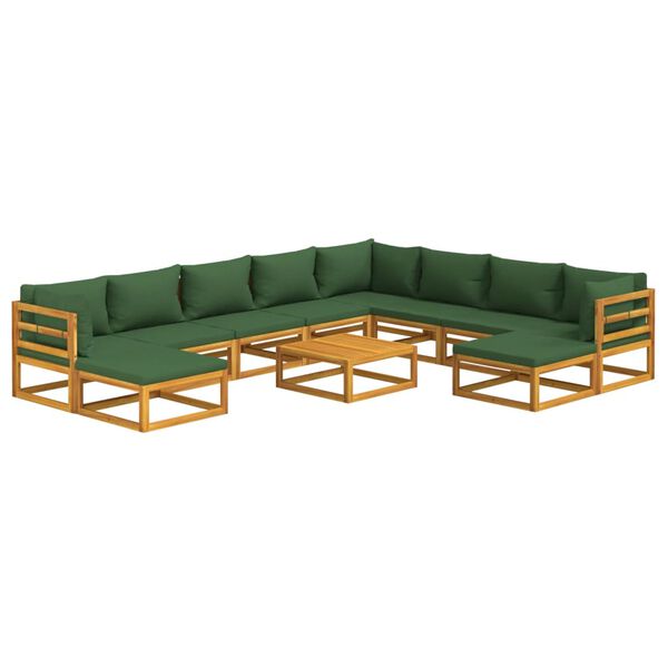 vidaXL Set Salotto da Giardino 11pz con Cuscini Verdi Legno Massello