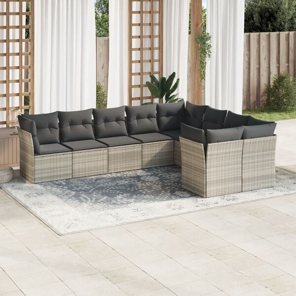 vidaXL Set Divano da Giardino 9pz con Cuscini Grigio Chiaro Polyrattan