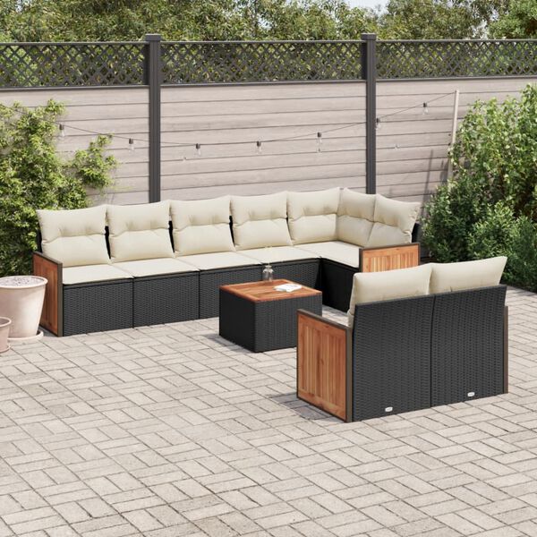 vidaXL Set Divani da Giardino 9 pz con Cuscini Nero in Polyrattan