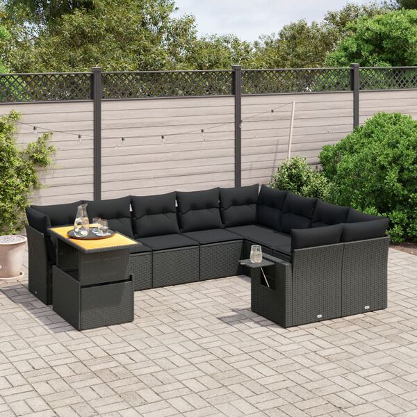 vidaXL Set Divani da Giardino 10pz con Cuscini in Polyrattan Nero