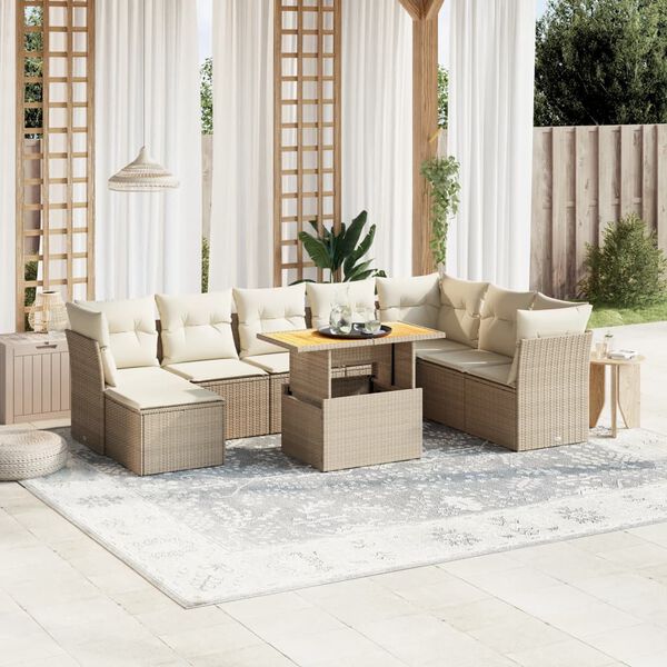 vidaXL Set Divano da Giardino 9 pz con Cuscini Beige in Polyrattan