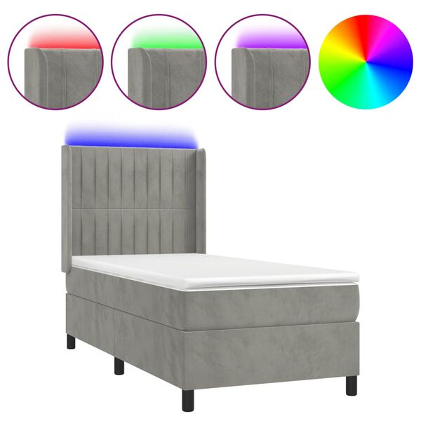 vidaXL Letto a Molle Materasso e LED Grigio Chiaro 90x190 cm Velluto