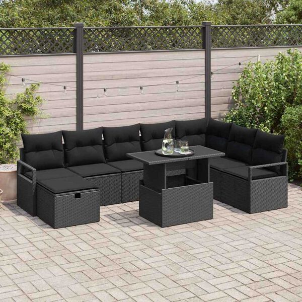 vidaXL Set Divano da Giardino con cuscino 9 pcs Nero Poly Rattan