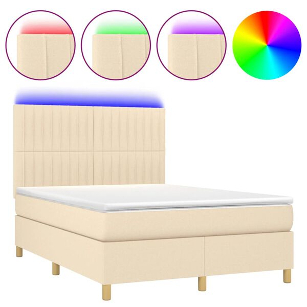 vidaXL Letto a Molle con Materasso e LED Crema 140x200 cm in Tessuto