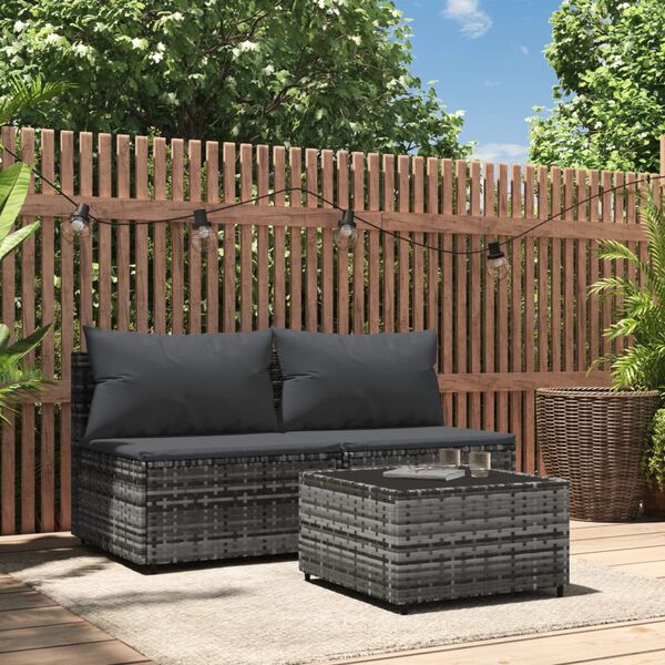 vidaXL Set Divani da Giardino 3 pz con Cuscini in Polyrattan Grigio