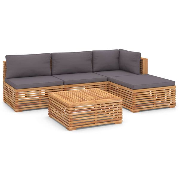 vidaXL Set Divani da Giardino 5 pz Cuscini Grigio Scuro Legno di Teak