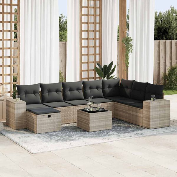 vidaXL Set Divano da Giardino 9pz con Cuscini Grigio Chiaro Polyrattan