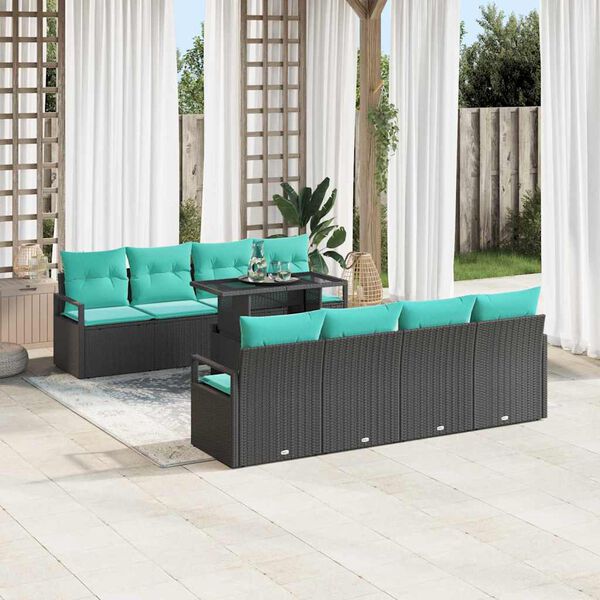 vidaXL Set Divano da Giardino con cuscino 7 pcs Nero e blu polyrattan