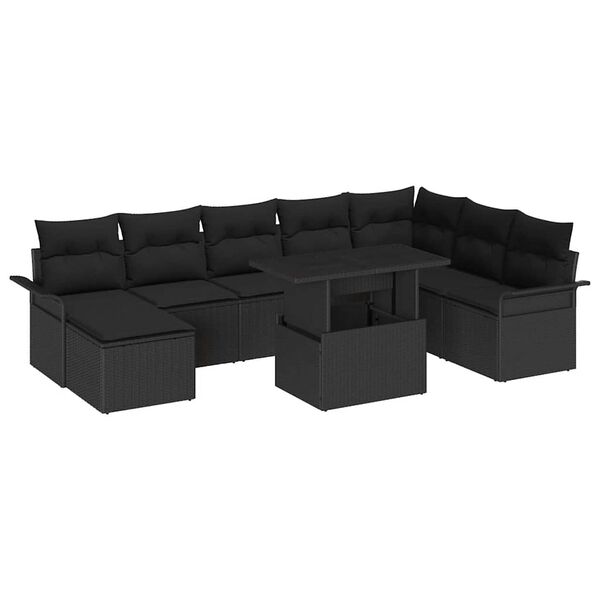 vidaXL Set Divano da Giardino con cuscino 9 pcs Nero polyrattan