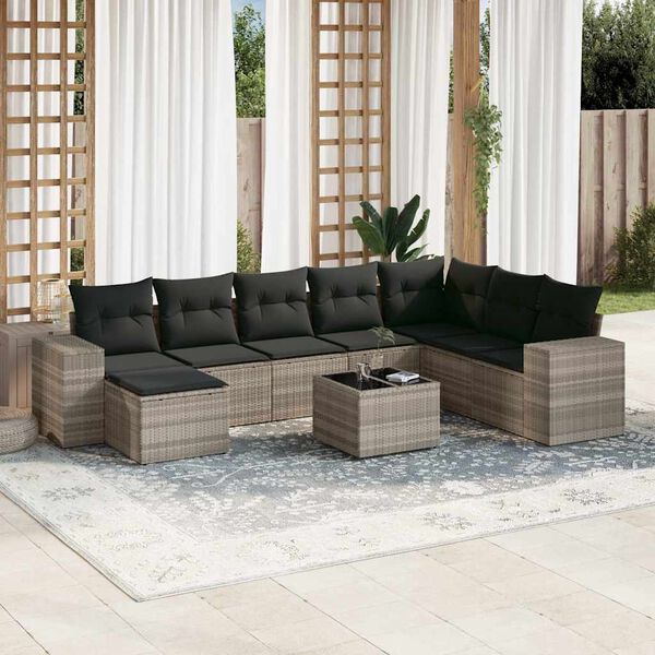 vidaXL Set Divano da Giardino 9pz con Cuscini Grigio Chiaro Polyrattan