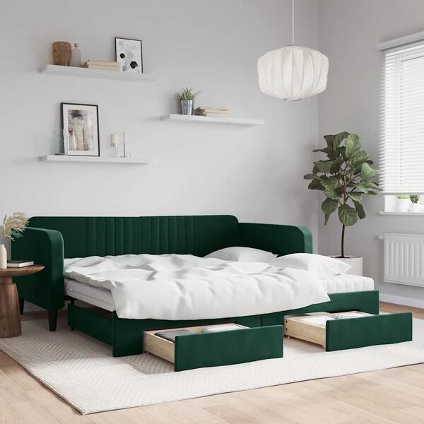 vidaXL Divano Letto Estraibile Cassetti Verde Scuro 100x200cm Velluto