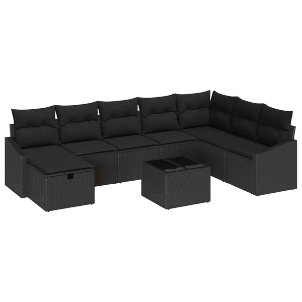 vidaXL Set Divano da Giardino con cuscino 9 pcs Nero Poly Rattan