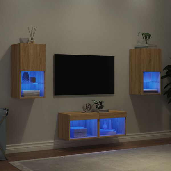vidaXL Mobili TV a Muro 4pz con Luci LED Rovere Sonoma