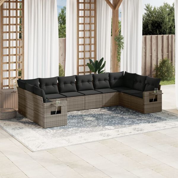 vidaXL Set Divano da Giardino 10 pz con Cuscini Grigio in Polyrattan