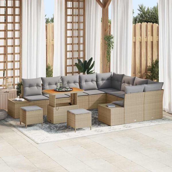 vidaXL Set Divano da Giardino con cuscino 12 pcs Beige Poly Rattan