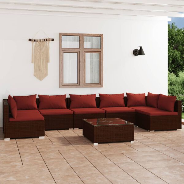 vidaXL Set Divani da Giardino 8 pz con Cuscini in Polyrattan Marrone