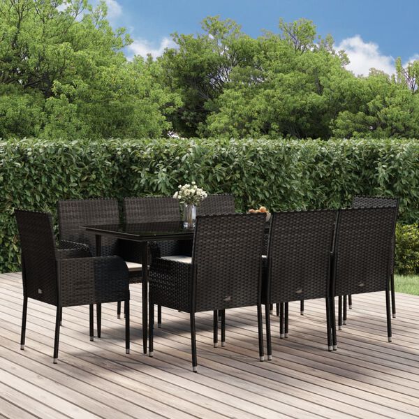vidaXL Set da Pranzo da Giardino 9 pz con Cuscini Nero in Polyrattan