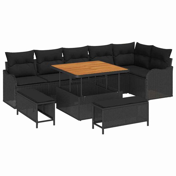 vidaXL Set Divano da Giardino con cuscino 9 pcs Nero polyrattan