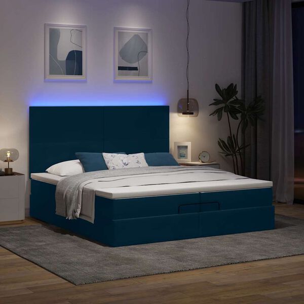 vidaXL Pouf Letto con Materassi e LED Blu Scuro 200x200cm Velluto
