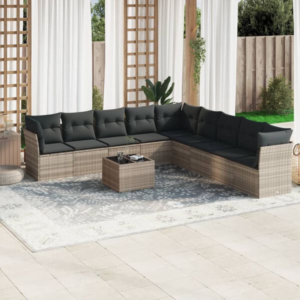 vidaXL Set Divano Giardino 10 pz con Cuscini Grigio Chiaro Polyrattan