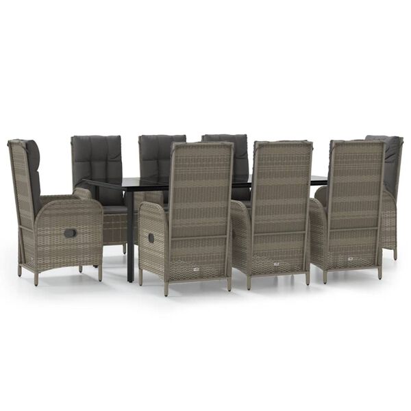 vidaXL Set da Pranzo Giardino 9pz con Cuscini Nero e Grigio Polyrattan
