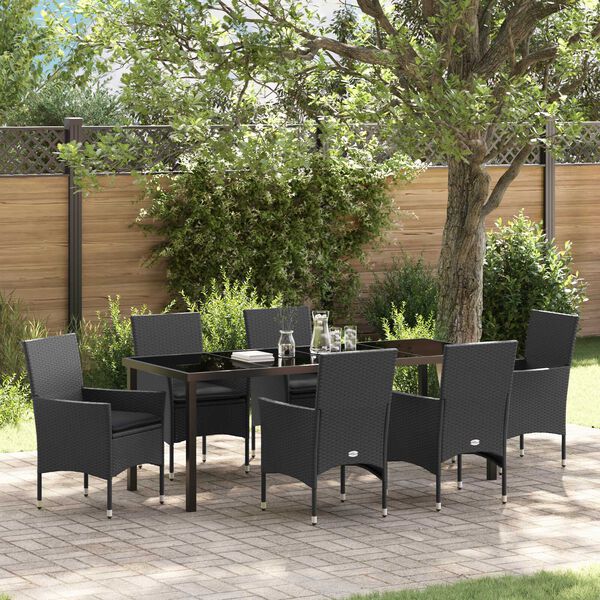 vidaXL Set da Pranzo per Giardino con cuscino 7 pcs Nero polyrattan