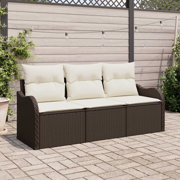 vidaXL Set Divano da Giardino con cuscino 3 pcs Marrone Poly Rattan