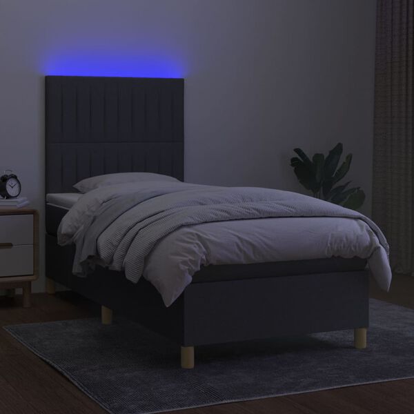 vidaXL Letto a Molle Materasso e LED Grigio Scuro 90x200 cm in Tessuto