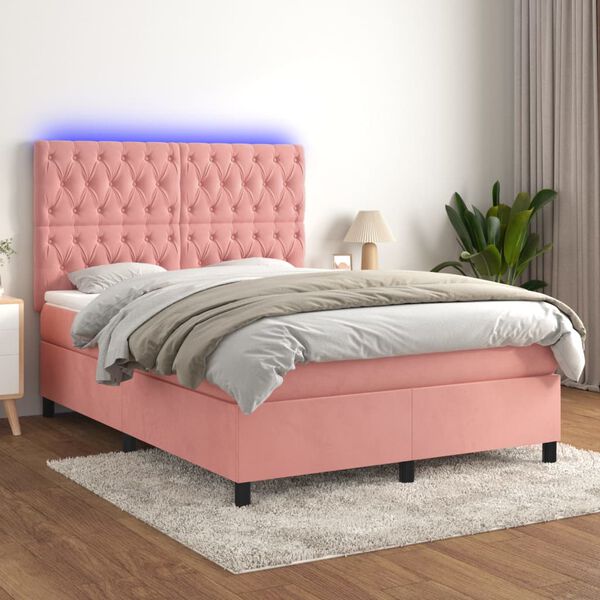vidaXL Letto a Molle con Materasso e LED Rosa 140x190 cm in Velluto