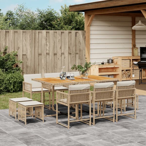 vidaXL Set da Pranzo da Giardino 11 pz con Cuscini Beige in Polyrattan