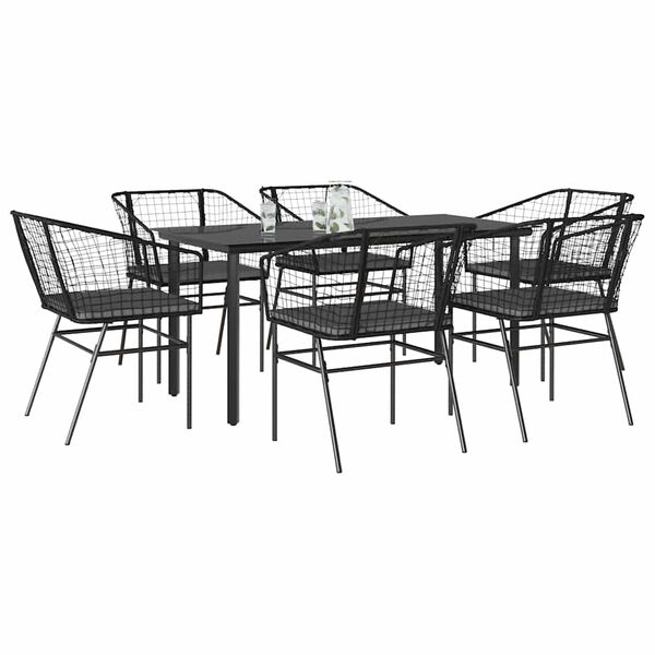 vidaXL Set Pranzo da Giardino 7 pz Nero con Cuscini Polyrattan Vetro