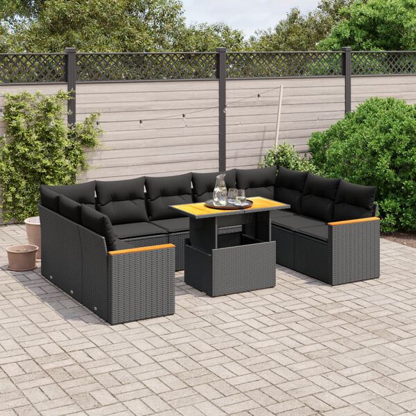 vidaXL Set Divani da Giardino 10pz con Cuscini in Polyrattan Nero