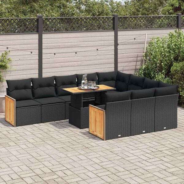 vidaXL Set Divani da Giardino 11 pz con Cuscini Polyrattan Acacia Nero