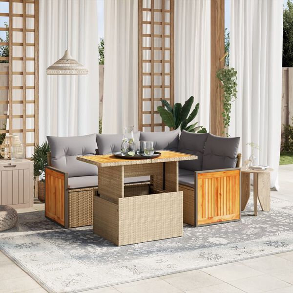 vidaXL Set Divano da Giardino 5 pz con Cuscini Beige in Polyrattan