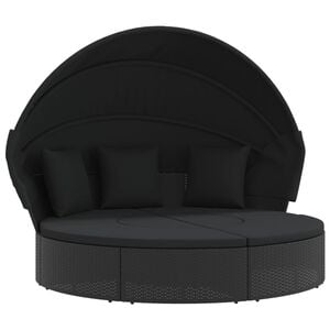 vidaXL Lettino Prendisole Esterno Tetto e Cuscini Nero in Polyrattan
