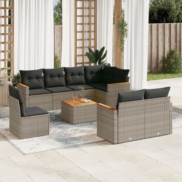 vidaXL Set Divano da Giardino 9 pz con Cuscini Grigio in Polyrattan