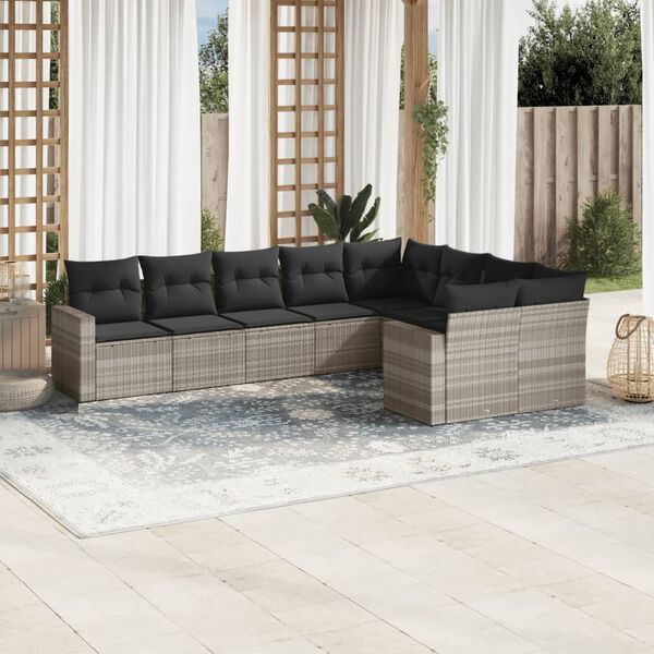 vidaXL Set Divano da Giardino 9pz con Cuscini Grigio Chiaro Polyrattan
